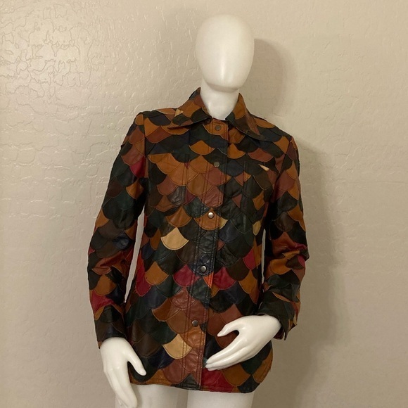 Vintage Jackets & Blazers - Vintage 1970’s Patchwork Fish Scale Leather Shirt Jacket Medium